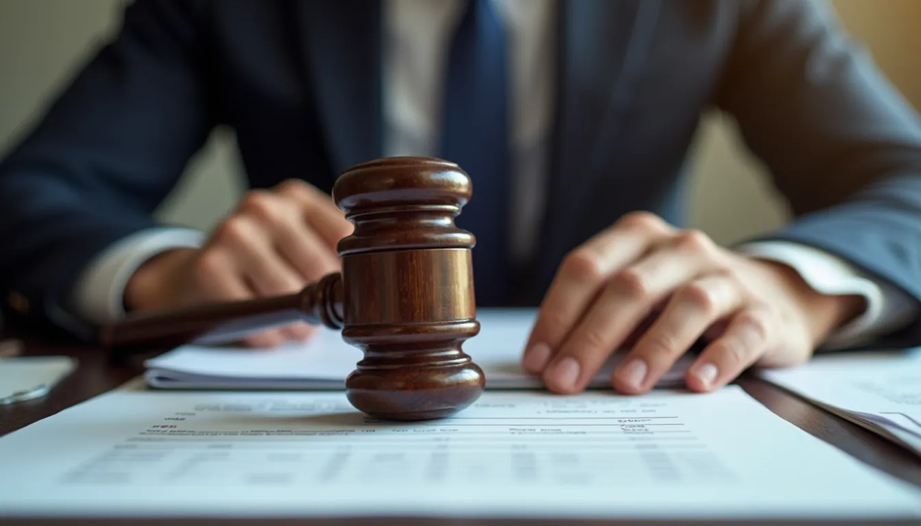Eye-level view of a gavel on a legal document