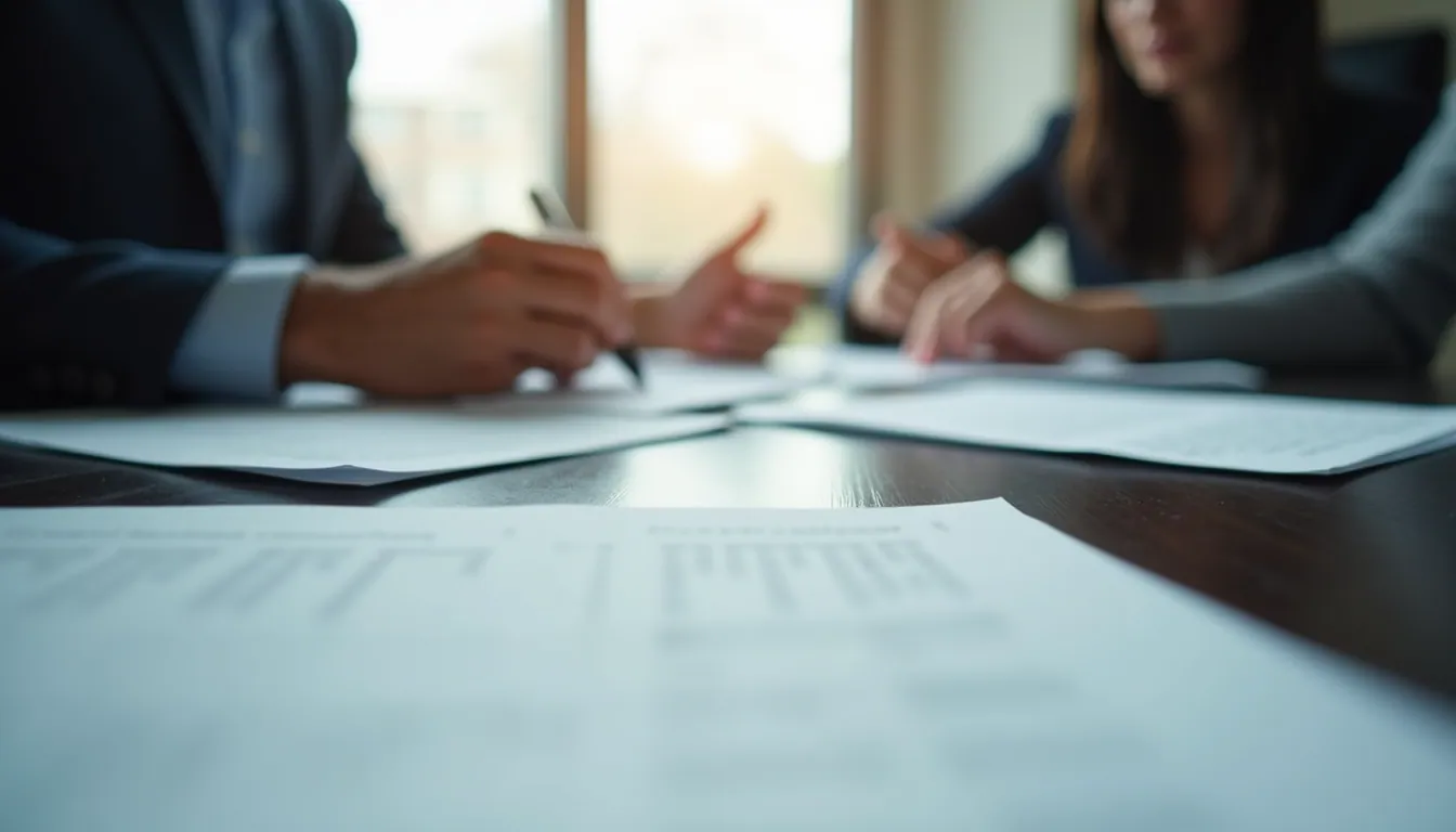 Eye-level view of a business meeting with documents on the table