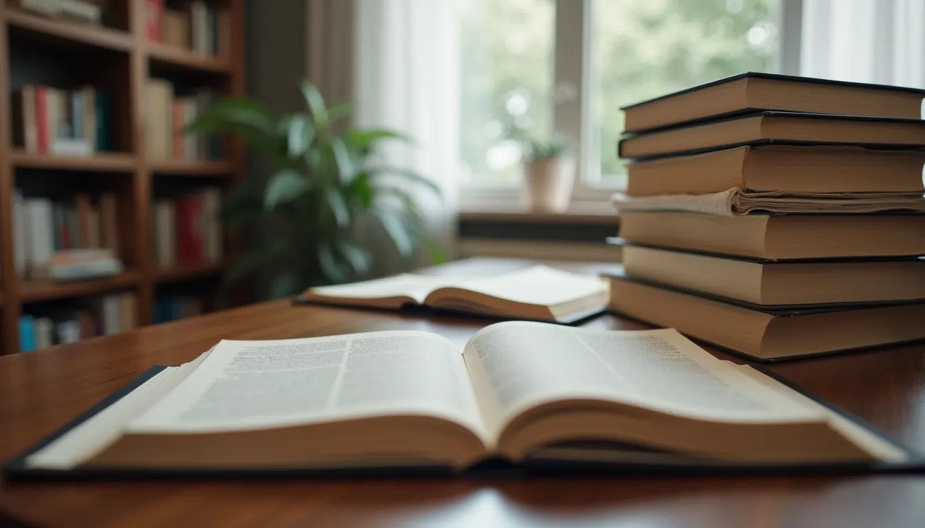 High angle view of trade law books stacked on a desk