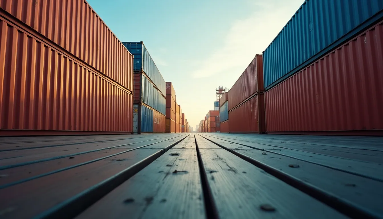 Eye-level view of shipping containers at a port