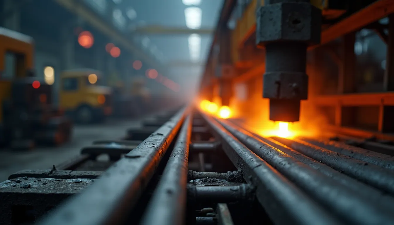 Close-up view of steel bars and machinery in production