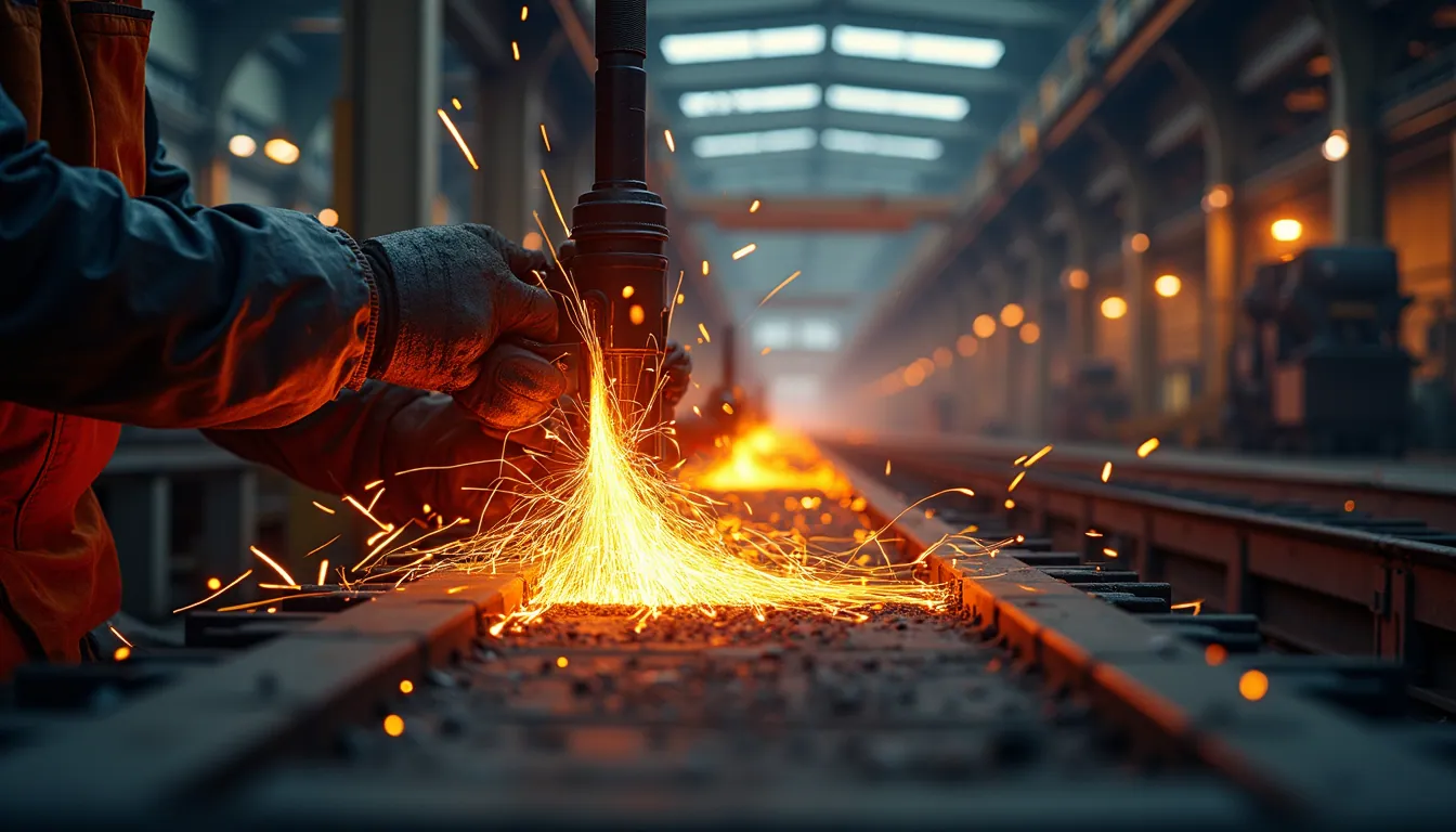Eye-level view of steel production facility during a busy workday